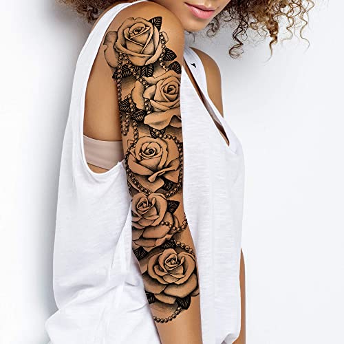Temporäre tattoo-ärmel für frauen aufklebbare blume rose flora blumen erwachsener temporärer tattoo-aufkleber übertragung weiblicher körper kunst realistisch wasserdicht (Rose und Perlen) von Tatodays