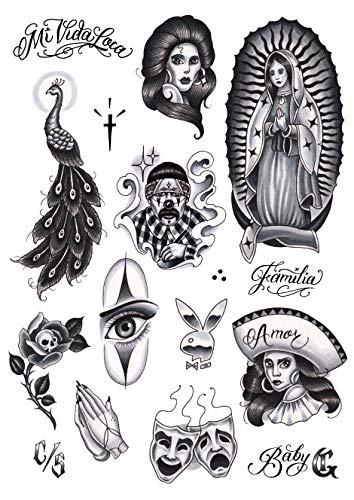 Tatsy Temporäre Tattoos, Chicano-Set, Verkleidung für Männer und Frauen, Abziehtattoo, Body-Art, Chicana-, Gangster-, Lowrider-Kultur, Einzigartige realistische Motive von Tatsy