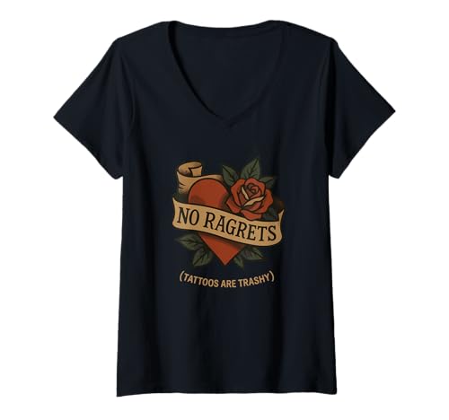 Damen Trashy Tattoo Meme No Ragrets Funny Ink Zitat Tattoo Lovers T-Shirt mit V-Ausschnitt von Tattoo Humor Ink Joke Meme Retro Tattoo Artists