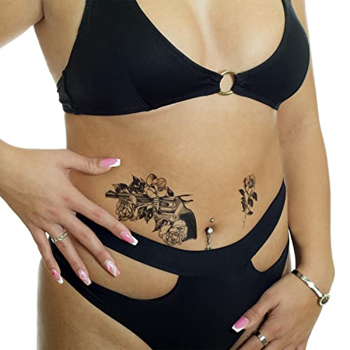 1 x Revolver Tattoo in schwarz - Rosen, Messer - Temporary Body Tattoo - FF067 (1) von Tattoodrucker