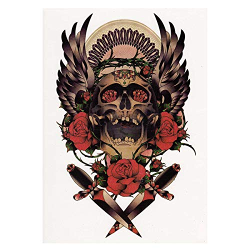1 x buntes Totenkopf Tattoo - Rosen Flügel Messer - Body Temporary Tattoo - HB257 (1) von Tattoodrucker