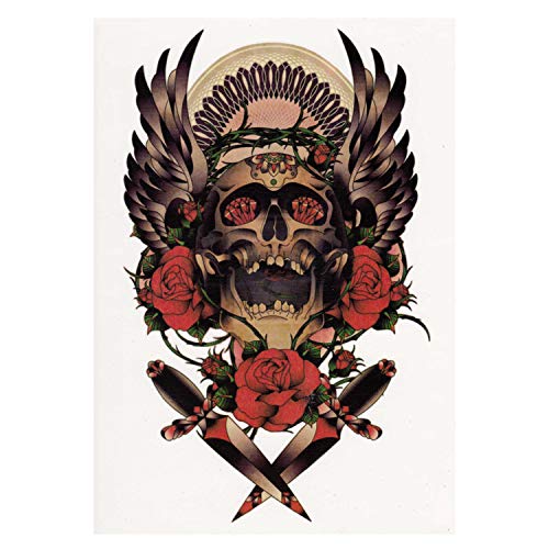 2 x buntes Totenkopf Tattoo - Rosen Flügel Messer - Body Temporary Tattoo - HB257 (2) von Tattoodrucker