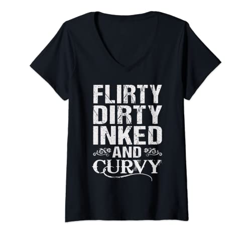 Damen Flirty Dirty Inked Und Curvy Tattoo-Studio Liebhaber T-Shirt mit V-Ausschnitt von Tattooed Mom Tees & Gifts Co.