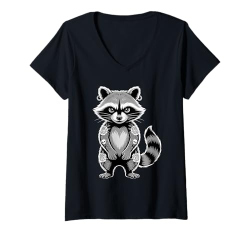 Damen Gothic Punk Waschbär Tattoo Piercing Cool Funny Inked Animal T-Shirt mit V-Ausschnitt von Tattooed Trash Royalty
