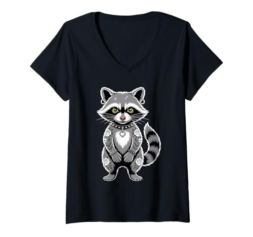 Damen Gothic Punk Waschbär Tattoo Piercing Cool Funny Inked Animal T-Shirt mit V-Ausschnitt von Tattooed Trash Royalty