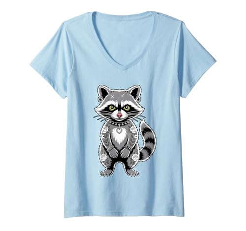 Damen Gothic Punk Waschbär Tattoo Piercing Cool Funny Inked Animal T-Shirt mit V-Ausschnitt von Tattooed Trash Royalty