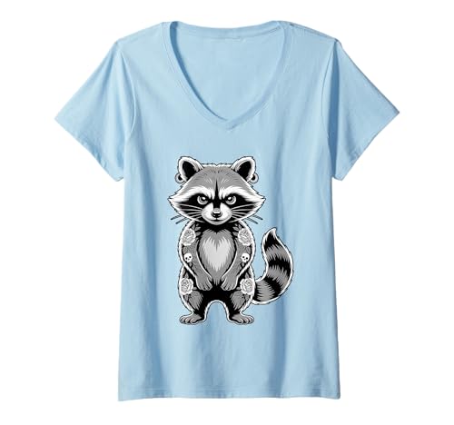 Damen Gothic Punk Waschbär Tattoo Piercing Cool Funny Inked Animal T-Shirt mit V-Ausschnitt von Tattooed Trash Royalty