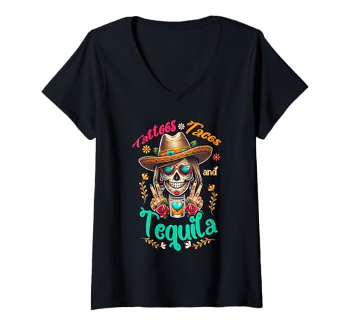 Damen Tattoos Tacos Tequila Mexikanischer Totenkopf für Damen Cinco De Mayo T-Shirt mit V-Ausschnitt von Tattoos Tacos Tequila Mexican Skull Cinco De Mayo