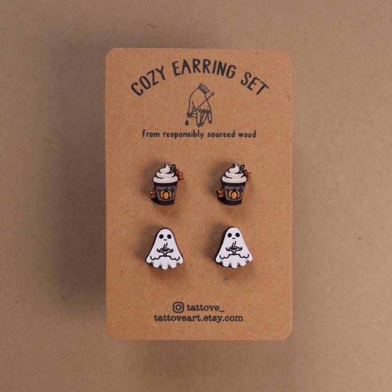 Ghost & Pumpkin Spice Latte Ohrringe Set Holz Ohrstecker Hölzerne Nettes Gruseliges Weihnachtsgeschenk Schmuck Kaffee-Liebhaber-Geschenk von TattoveArt