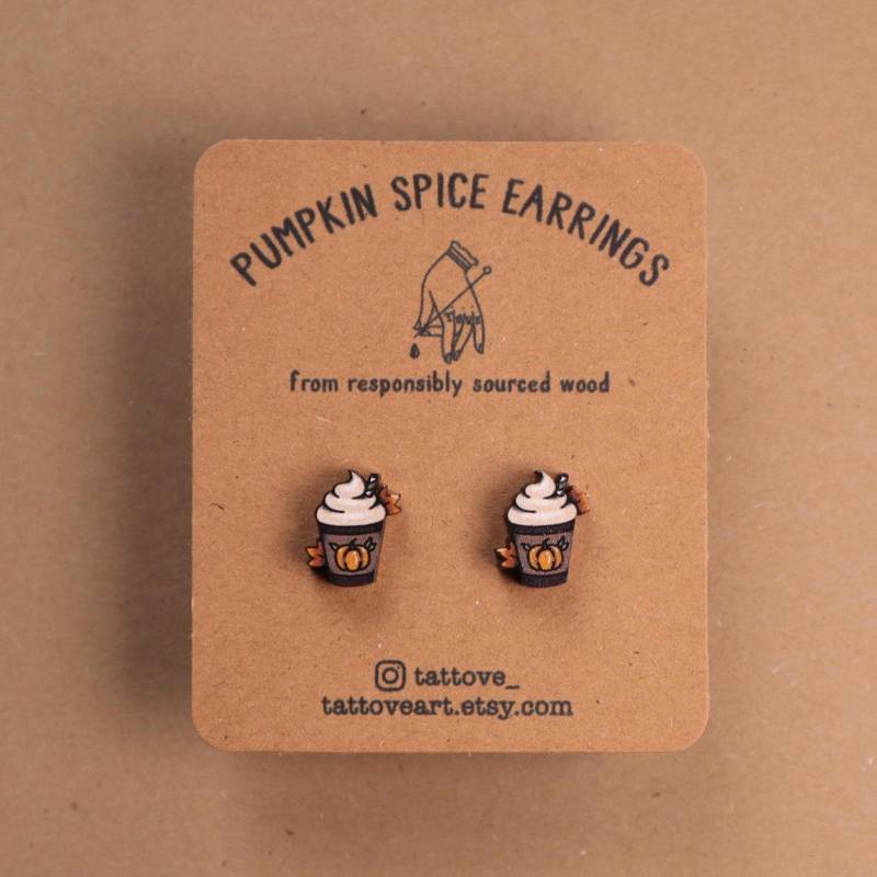 Pumpkin Spice Ohrringe Hölzerne Ohrstecker Netter Schmuck Latte Kaffee-Liebhaber-Geschenk von TattoveArt