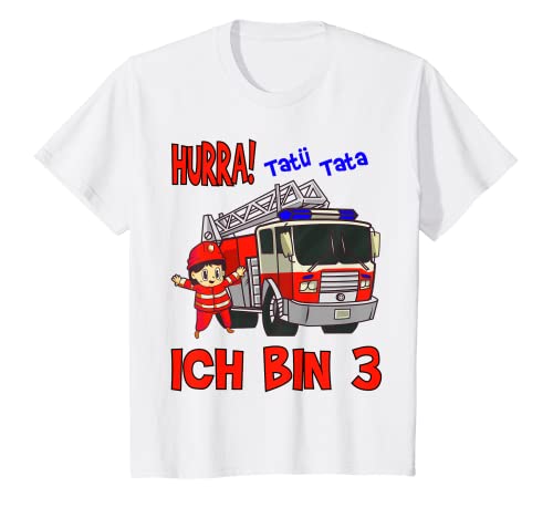 Kinder Hurra Ich Bin 3 Jahre Junge Feuerwehr 3. Geburtstag T-Shirt von Tatü Tata Feuerwehr Auto Geburtstag Geschenkidee