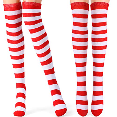 Tatuo 2 Paar Frauen Lange Gestreifte Socken über Kniehohe Undurchsichtige Strümpfe für Weihnachten (Roter und Weißer Streifen) von Tatuo