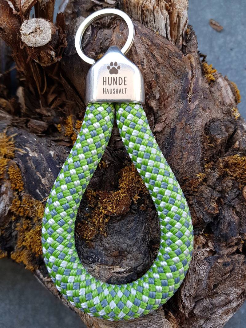 Schlüsselanhänger Aus Segeltau/Segelseil, Mit Silberfarbener Endkappe "Hundehaushalt" , Auf Wunsch Mini-Anhänger von TauderGschpusi