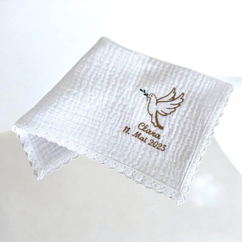 Taschentuch Taube Zur Taufe Wunschfarbe - Musselin Tauftuch von Taufkleiddesign