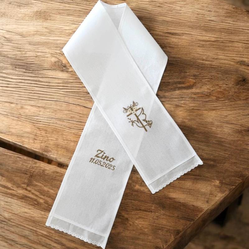 Schmaler Taufschal in Wunschfarbe Mit Christlicher Symbolik, Personalisierbar Namen & Datum von Taufkleiddesign