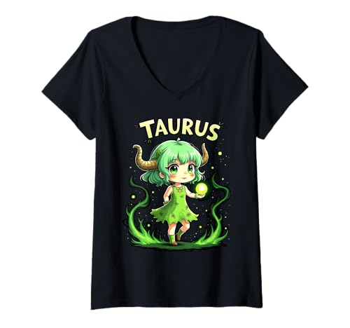 Damen Niedliches Stier Anime Sternzeichen Mädchen T-Shirt mit V-Ausschnitt Damen Niedliches Stier Anime Sternzeichen Mädchen T-Shirt mit V-Ausschnitt von Taurus Anime Zodiac Fun Apparel