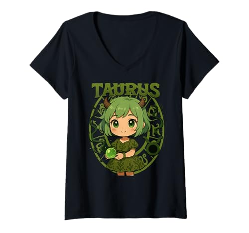 Damen Niedliches Stier Anime Sternzeichen Mädchen T-Shirt mit V-Ausschnitt Damen Niedliches Stier Anime Sternzeichen Mädchen T-Shirt mit V-Ausschnitt von Taurus Anime Zodiac Fun Apparel