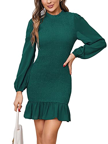 Taurus Damen Lange Puffärmel Gesmoktes Bodycon Minikleid Stehkragen Rüschen Meerjungfrau Saum Kurz Cocktail Party Kleider, Grün , Mittel von Taurus