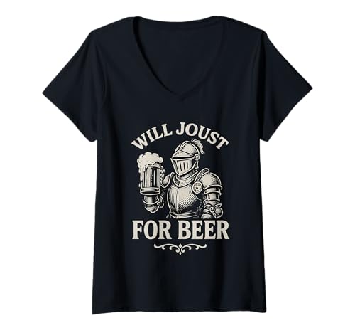 Damen Lustiges mittelalterliches Ritter mit Aufschrift Will Joust for Beer T-Shirt mit V-Ausschnitt Damen Lustiges mittelalterliches Ritter mit Aufschrift Will Joust for Beer T-Shirt mit V-Ausschnitt von Tavern Time Tees