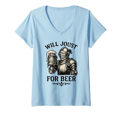 Damen Will Joust for Beer Lustiges mittelalterliches Ritter trinkendes Design T-Shirt mit V-Ausschnitt Damen Will Joust for Beer Lustiges mittelalterliches Ritter trinkendes Design T-Shirt mit V-Ausschnitt von Tavern Time Tees