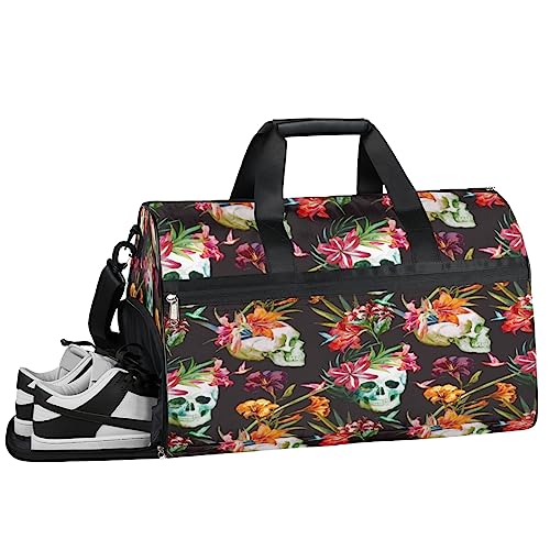 Art Love Herz Muster Turnbeutel Sport Turnbeutel mit Nassfach & Schuhfach Turnbeutel für Damen Turnbeutel Herren Workout Tasche Sportbeutel Weekender Bag mit Schuhfach, Kunst Aquarell Schädel, von Tavisto