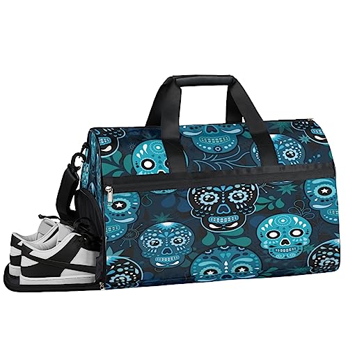 Blue Eyed Katze Turnbeutel Sport Turnbeutel mit Nassfach & Schuhfach Turnbeutel für Damen Turnbeutel für Männer Workout Tasche Sporttasche Weekender Tasche mit Schuhfach, Blauer Zuckerschädel, von Tavisto