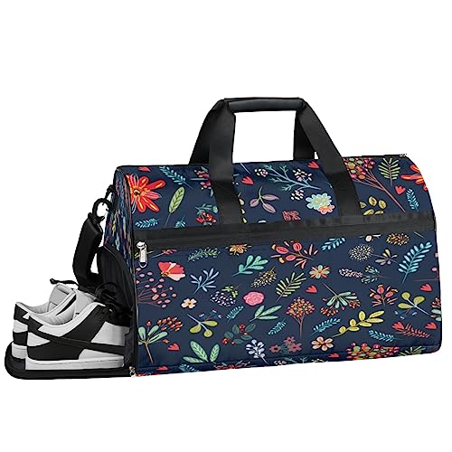 Flower Sugar Skull Turnbeutel, Sport Turnbeutel mit Nassfach & Schuhfach, Turnbeutel für Damen, Turnbeutel für Herren, Workout-Tasche, Sporttasche, Weekender Bag mit Schuhfach, Blumen Grüne Blätter, von Tavisto