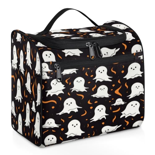 Halloween-Make-up-Tasche für Damen, Motiv: Geist, Fledermaus, Kürbisse, große Kapazität, tragbare Reise-Kosmetiktasche, wasserdicht, doppelte Reißverschlüsse, Make-up-Tasche mit Haken zum Aufhängen, von Tavisto