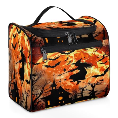 Halloween-Make-up-Tasche mit Fledermaus-Kürbis für Damen, große Kapazität, tragbare Reise-Kosmetiktasche, wasserdicht, doppelte Reißverschlüsse, Make-up-Tasche mit Haken zum Aufhängen, für Hautpflege, von Tavisto