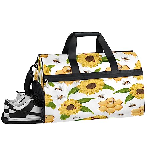 Honeybee Blume Turnbeutel Sport Turnbeutel mit Nassfach & Schuhfach Turnbeutel für Damen Turnbeutel für Männer Workout Tasche Sporttasche Weekender Tasche mit Schuhfach, Honigbiene Blume, 19.7*9.9*13 von Tavisto