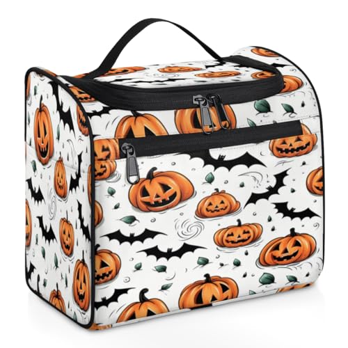 Kürbis-Make-up-Tasche für Damen, Halloween-Fledermaus, große Kapazität, tragbare Reise-Kosmetiktasche, wasserdicht, doppelte Reißverschlüsse, Make-up-Tasche mit Haken zum Aufhängen, für Hautpflege, von Tavisto