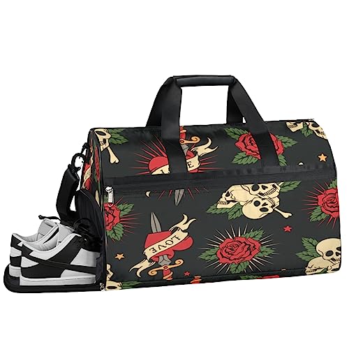 Love Sword Skull Turnbeutel, Sport Turnbeutel mit Nassfach & Schuhfach, Turnbeutel für Damen, Turnbeutel für Herren, Workout Tasche, Sporttasche, Weekender Bag mit Schuhfach, Liebesschwert Schädel, von Tavisto