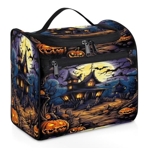 Make-up-Tasche für Damen, Halloween, Cartoon-Kürbis-Make-up-Tasche, große Kapazität, tragbare Reise-Kosmetiktasche, wasserdicht, doppelte Reißverschlüsse, Make-up-Tasche mit Haken zum Aufhängen, für von Tavisto