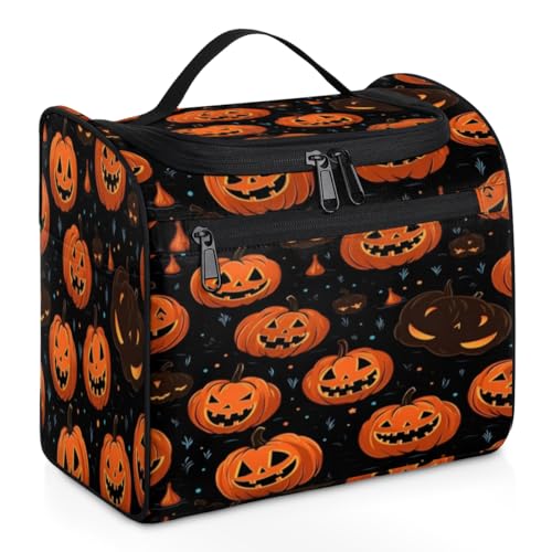 Make-up-Tasche für Damen, Motiv: Halloween-Katzen, Kürbis, Fledermaus, große Kapazität, tragbare Reise-Kosmetiktasche, wasserdicht, doppelte Reißverschlüsse, Make-up-Tasche mit Haken zum Aufhängen, von Tavisto