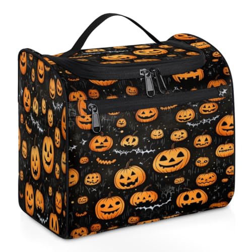 Make-up-Tasche für Damen, Motiv: Halloween-Kunstschloss, Kürbis-Design, große Kapazität, tragbare Reise-Kosmetiktasche, wasserdicht, doppelte Reißverschlüsse, Make-up-Tasche mit Haken zum Aufhängen, von Tavisto