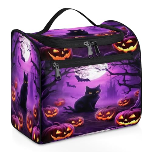 Make-up-Tasche für Damen, Motiv: Halloween-Kunstschloss, Kürbis-Design, große Kapazität, tragbare Reise-Kosmetiktasche, wasserdicht, doppelte Reißverschlüsse, Make-up-Tasche mit Haken zum Aufhängen, von Tavisto