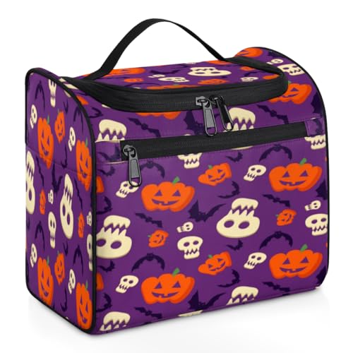 Make-up-Tasche für Damen, Motiv: Halloween-Totenköpfe, Fledermaus, Kürbisse, große Kapazität, tragbare Reise-Kosmetiktasche, wasserdicht, doppelte Reißverschlüsse, Make-up-Tasche mit Haken zum von Tavisto