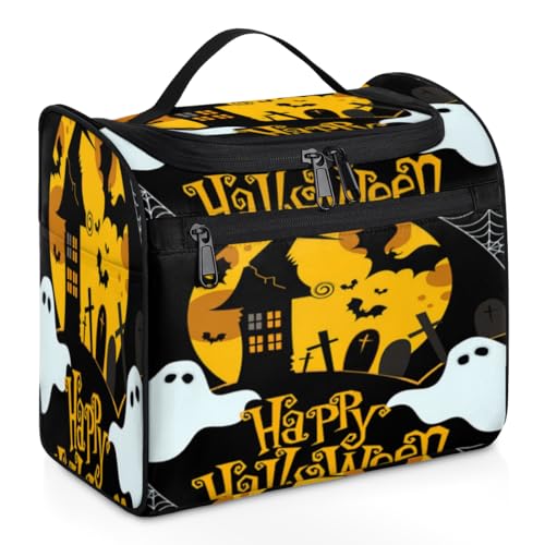 Make-up-Tasche für Damen, Motiv: Halloween-Totenköpfe, Fledermaus, Kürbisse, große Kapazität, tragbare Reise-Kosmetiktasche, wasserdicht, doppelte Reißverschlüsse, Make-up-Tasche mit Haken zum von Tavisto