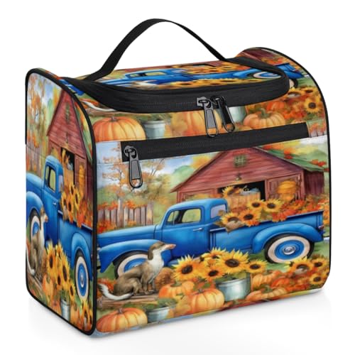 Make-up-Tasche für Damen, Motiv: Herbst-Sonnenblumen, Kürbis, große Kapazität, tragbare Reise-Kosmetiktasche, wasserdicht, doppelte Reißverschlüsse, Make-up-Tasche mit Haken zum Aufhängen, für von Tavisto