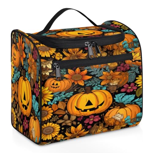 Make-up-Tasche für Damen, Motiv: Herbst-Sonnenblumen, Kürbis, große Kapazität, tragbare Reise-Kosmetiktasche, wasserdicht, doppelte Reißverschlüsse, Make-up-Tasche mit Haken zum Aufhängen, für von Tavisto