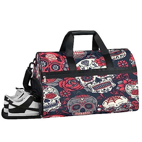 Merry Christmas Llama Turnbeutel Sport Turnbeutel mit Nassfach & Schuhfach Turnbeutel für Damen Turnbeutel Herren Workout Tasche Sportbeutel Weekender Bag mit Schuhfach, Mexikanische Schädel Blume, von Tavisto