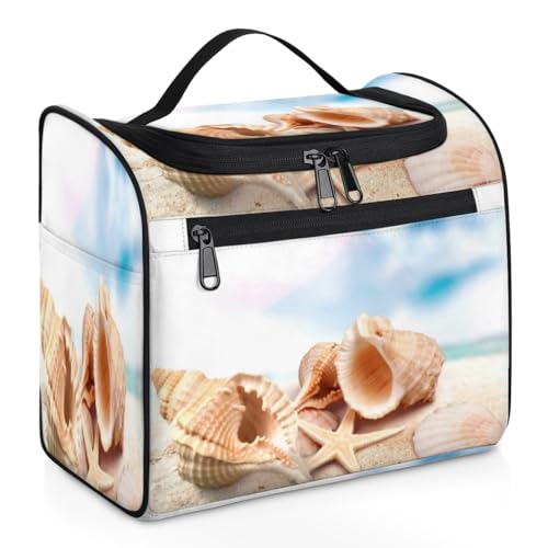 Schöne Muschel-Make-up-Tasche für Damen, große Kapazität, tragbare Reise-Kosmetiktasche, wasserdicht, doppelte Reißverschlüsse, Make-up-Tasche mit Haken zum Aufhängen, für Hautpflege, Reisen, Schöne von Tavisto