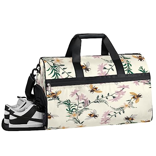 Schöne Rose Blume Turnbeutel Sport Turnbeutel mit Nassfach & Schuhfach Turnbeutel für Damen Turnbeutel für Männer Workout Tasche Sportbeutel Weekender Bag mit Schuhfach, Biene Tiere, 19.7*9.9*13 inch, von Tavisto