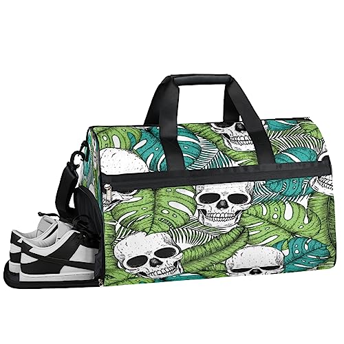 Skull Love Heart Turnbeutel, Sport Turnbeutel mit Nassfach & Schuhfach, Turnbeutel für Damen, Turnbeutel für Herren, Workout Tasche, Sporttasche, Weekender Bag mit Schuhfach, Schädel Palmenblätter, von Tavisto