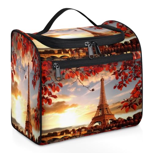 Sunrise Eiffelturm-Make-up-Tasche für Damen, große Kapazität, tragbare Reise-Kosmetiktasche, wasserdicht, doppelte Reißverschlüsse, Make-up-Tasche mit Haken zum Aufhängen, für Hautpflege, Reisen, von Tavisto