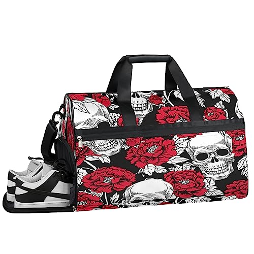 Zebra Tiger Turnbeutel, Sport Turnbeutel mit Nassfach & Schuhfach, Turnbeutel für Damen, Turnbeutel für Herren, Workout Tasche, Sporttasche, Weekender Bag mit Schuhfach, Red Art Blume Schädel, von Tavisto