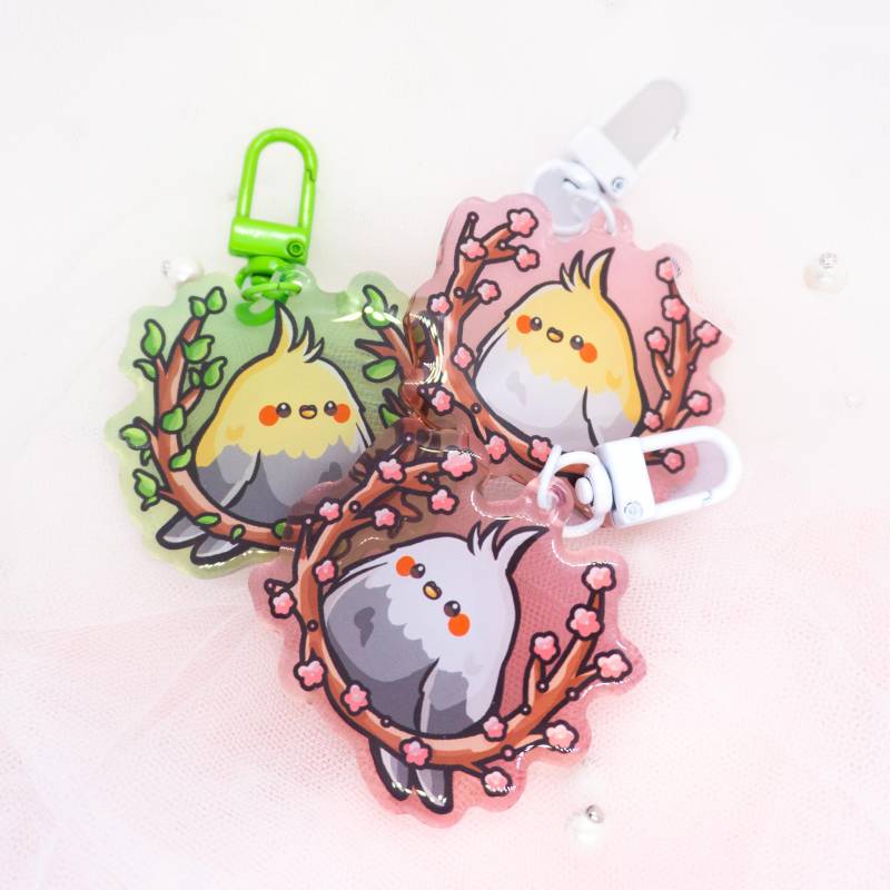 Kawaii Nymphensittich Schlüsselanhänger | Grau Weiß Gelb Pet Haustier Cockatiel Birb Borb Bird Cute Keyring Tier Keychain Keycharm von Tawwyteatime