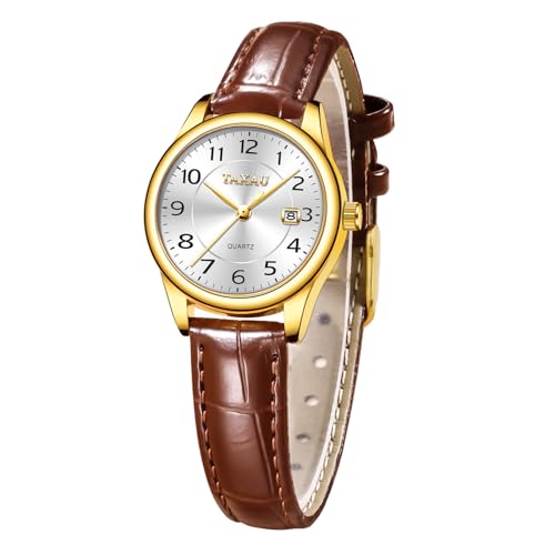 Taxau Analog Damenuhr Uhr Mode Damen Brauner Gurt Weißes Zifferblatt Armbanduhr Mit Datumsanzeige Luxus Damen Uhr Wasserdichtes Quarzwerk Watches for Women von Taxau