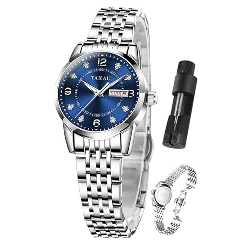 Taxau Armbanduhren für Frauen Silber Luxus Uhren Edelstahl Wasserdicht Analog Quarz Blue Face Mode Uhren Frauen Luminous Date Uhr Reloj para Mujer von Taxau