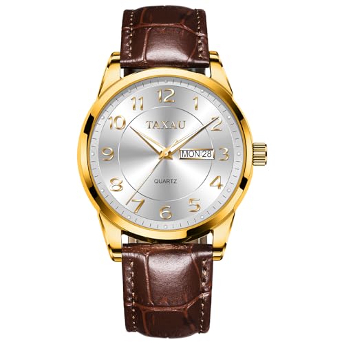 Taxau Braunes Grau Leder Armband Analog Uhren Herren Business Freizeit Watches for Men Mit Datums- Und Tagesanzeige Wasserdicht Herren Armbanduhr Weißes Zifferblatt Arabische Ziffern von Taxau